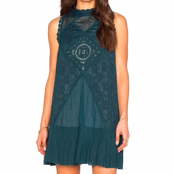 Free People Forest Pine Green Angel lace Crochet Pleated summer cottagecore - Picture 1 of 9